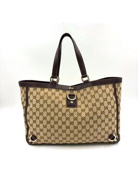Gucci Abbey Leather Canvas Dark Brown Beige Tote Bag Gold